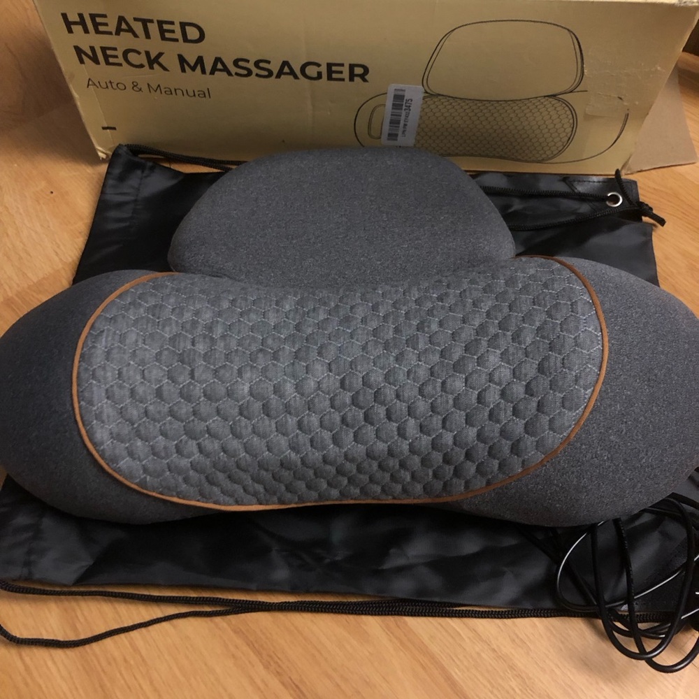Heated Neck Massager Pillow in Gray with Brown Trim
